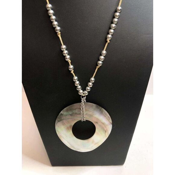 1950 CHICO'S silver tone abalone statement pendant necklace 30-34" *defect - Picture 1 of 5